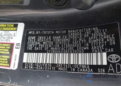 2011 Toyota Corolla Le z USA, uszkodzony, nr VIN 2T1BU4EE6BC639260